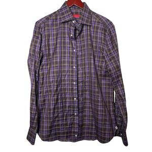 Isaia green purple plaid button down dress shirt sz 15.5